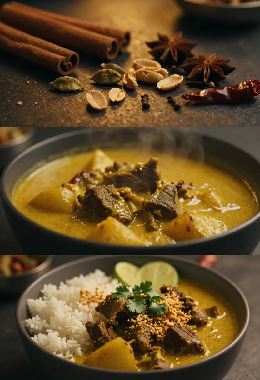 Collage showing spices, simmering massaman curry, and finished Thai beef curry dish.