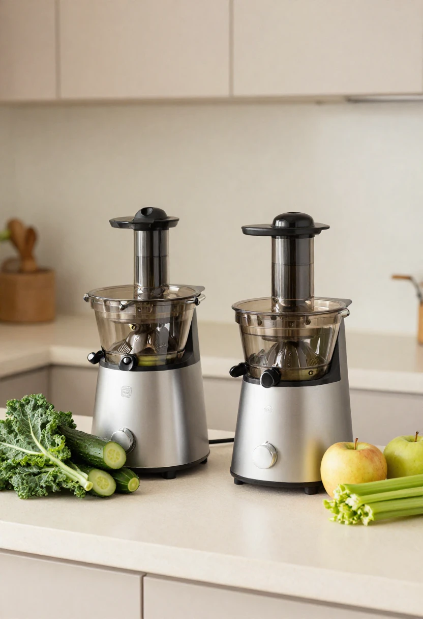 Masticating and centrifugal juicers with leafy greens and fresh produce