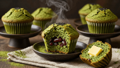 Beautifully styled matcha muffins with sweet azuki beans and melted butter in dramatic editorial presentation