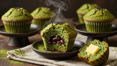 Beautifully styled matcha muffins with sweet azuki beans and melted butter in dramatic editorial presentation