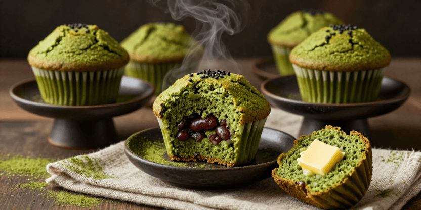 Beautifully styled matcha muffins with sweet azuki beans and melted butter in dramatic editorial presentation