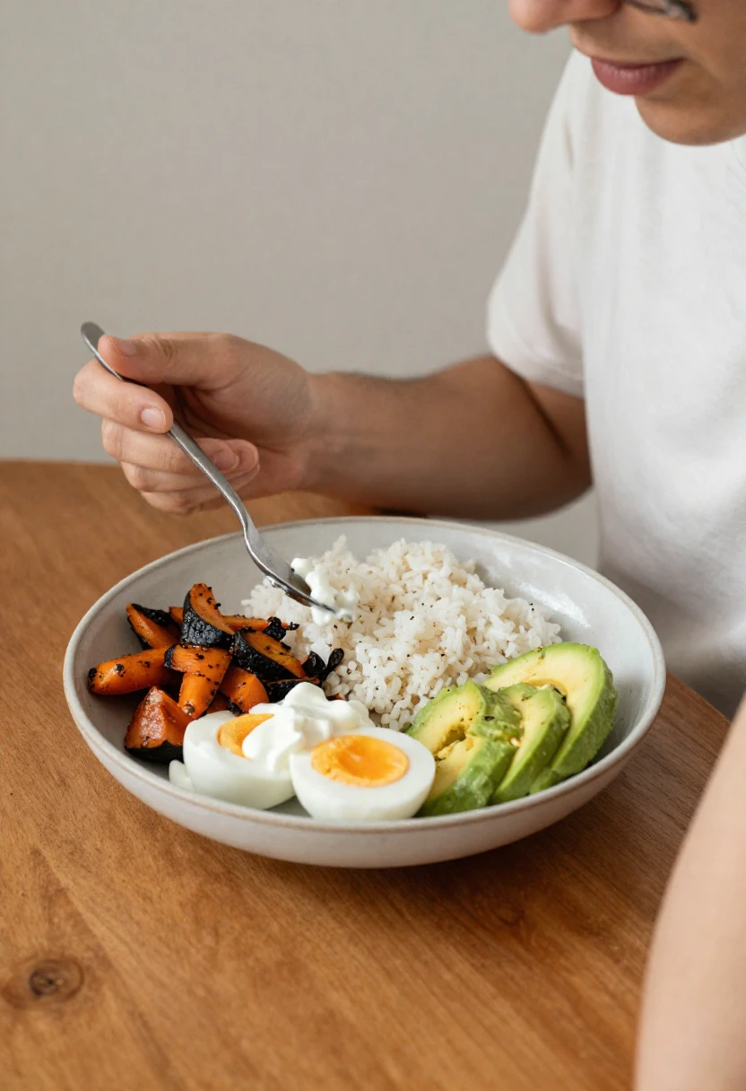 A balanced rice bowl with vegetables, eggs, avocado, and sauce on a cozy table.