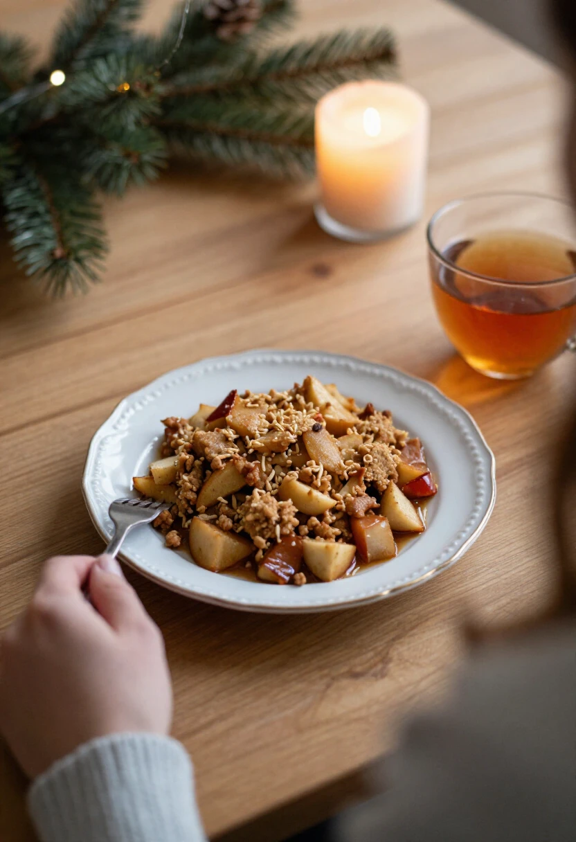 Plate of apples with crumble and oats on a white dish, set on a wooden table beside a lit candle and a glass of tea/juice.