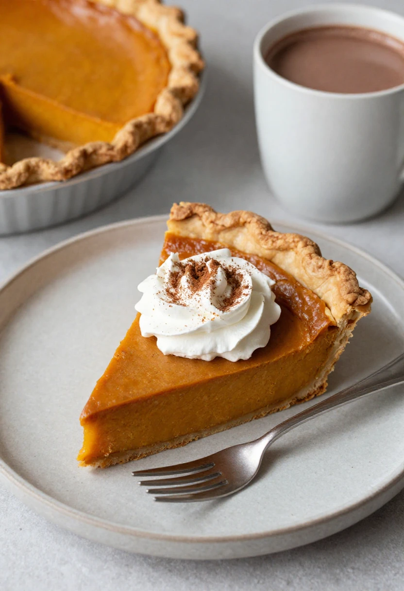 Small slice of pumpkin pie with whipped cream and tea for mindful holiday dessert portions.