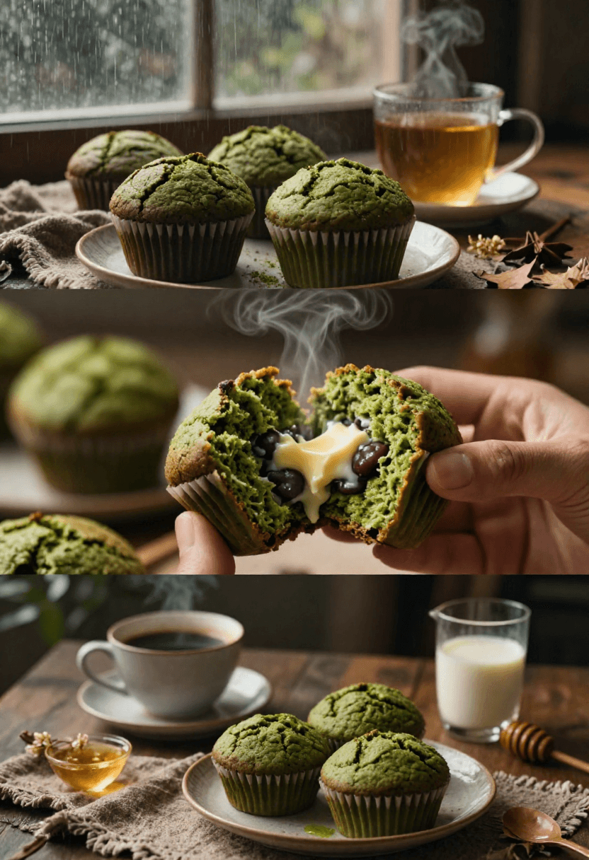 Green matcha muffins with a creamy white filling and red-bean center on a rustic plate, tea mug in the background.
