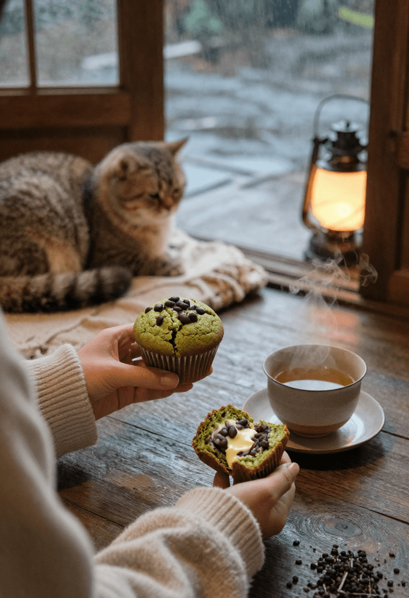 Person enjoying warm matcha muffins and tea with a cat on a cozy rainy porch