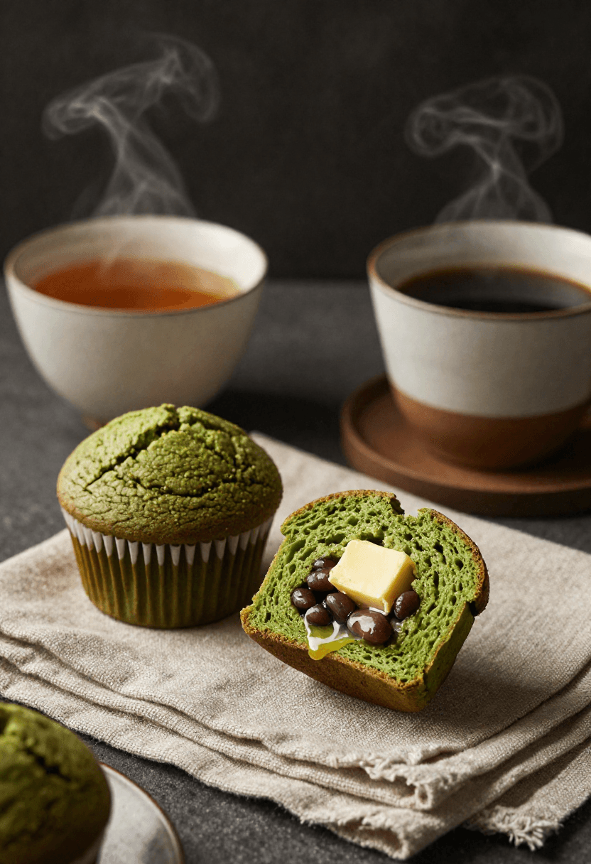 Warm matcha muffins with melted butter, sweet azuki beans, and tea in a cozy editorial serving scene