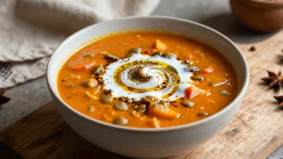 Bowl of mulligatawny soup with spices and coconut milk