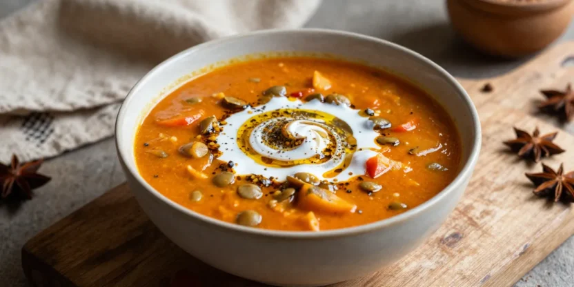 Bowl of mulligatawny soup with spices and coconut milk