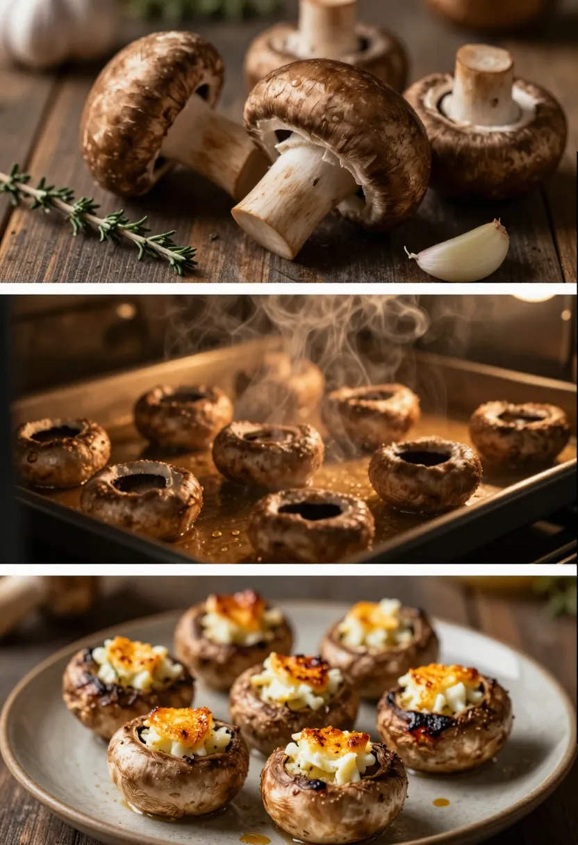 Collage showing mushrooms before roasting and after baking stuffed mushrooms