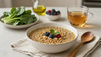 Cozy anti-inflammatory meal with lentil soup, greens, berries, olive oil, and herbal tea for autoimmune support.