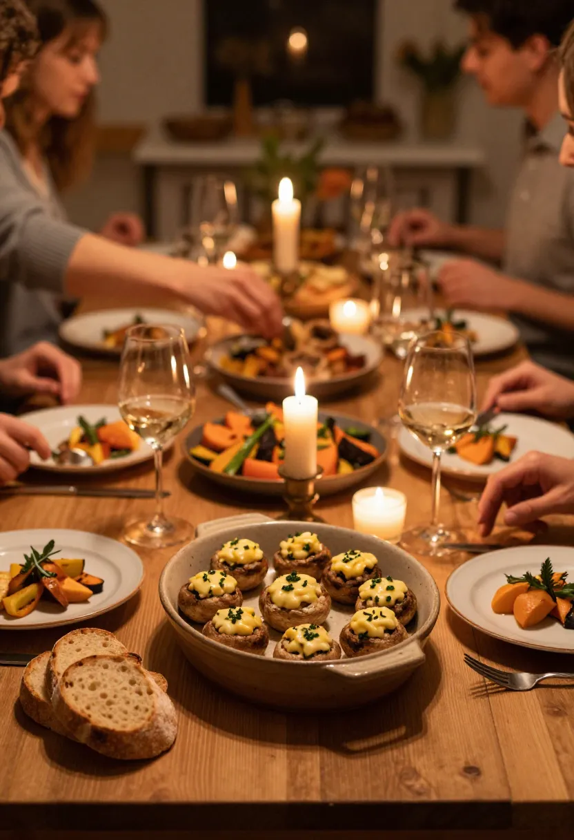 Stuffed mushrooms served at a warm cozy dinner gathering