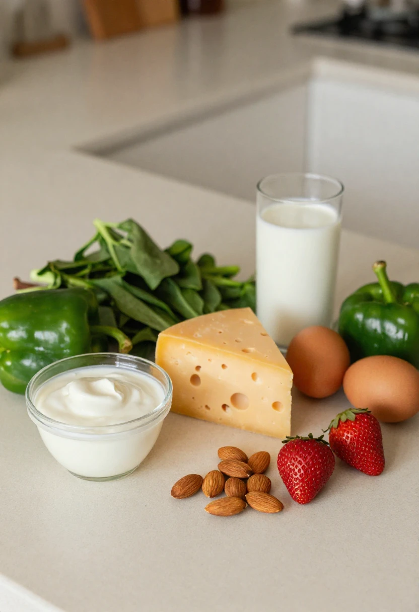 Calcium-rich and vitamin-rich foods that support healthy teeth and gums, including yogurt, cheese, eggs, greens, peppers, berries, and almonds.