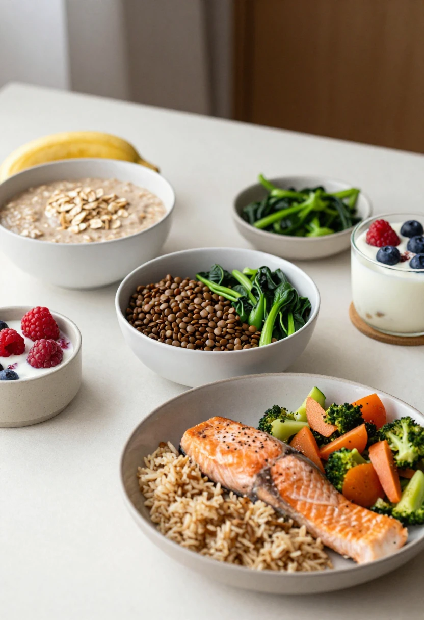 A one-day meal example with oatmeal, lentils, salmon, vegetables, yogurt, and berries for B vitamins.