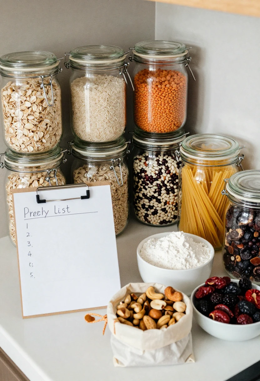 Organic bulk pantry staples stored in jars with a simple grocery list.