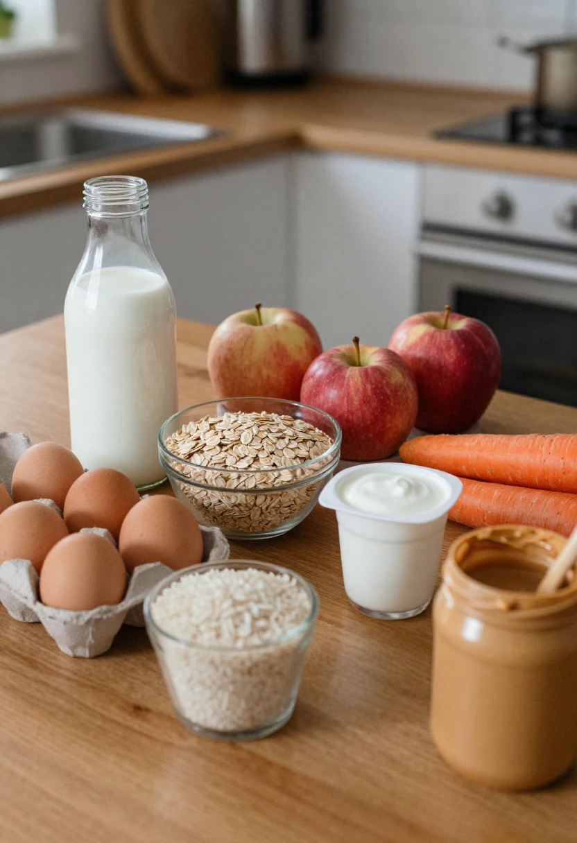 Everyday organic staples for a family including milk, eggs, apples, oats, and carrots.