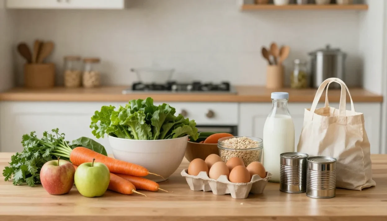Organic groceries for a family on a realistic budget arranged on a kitchen table.