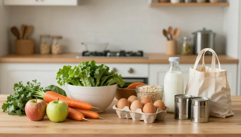 Organic groceries for a family on a realistic budget arranged on a kitchen table.