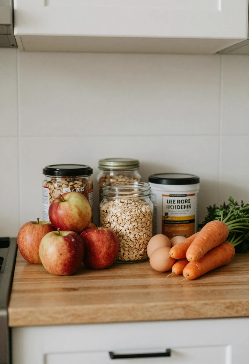 A small mix of organic and regular groceries showing a realistic family shopping approach.