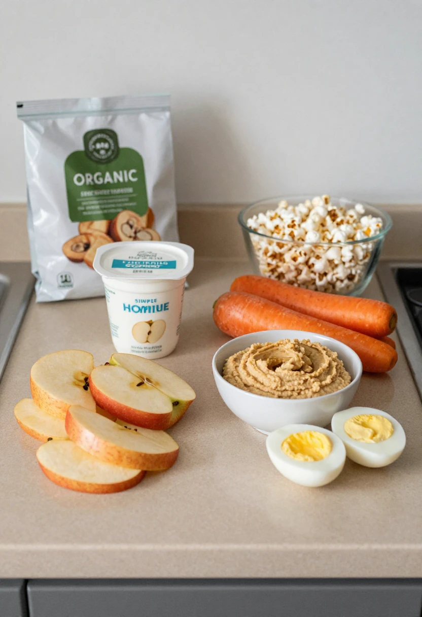 Organic packaged snacks beside simple whole-food snacks for a balanced family kitchen.