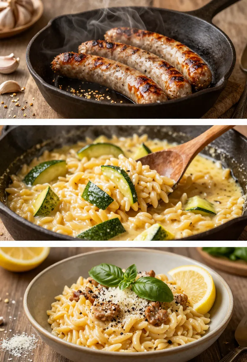 Three sausages browning in a cast-iron skillet, steam rising, with garlic cloves nearby.