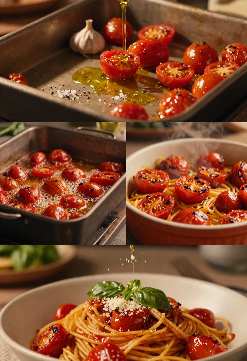 Four-frame collage showing the full process of making roasted cherry tomato pasta.