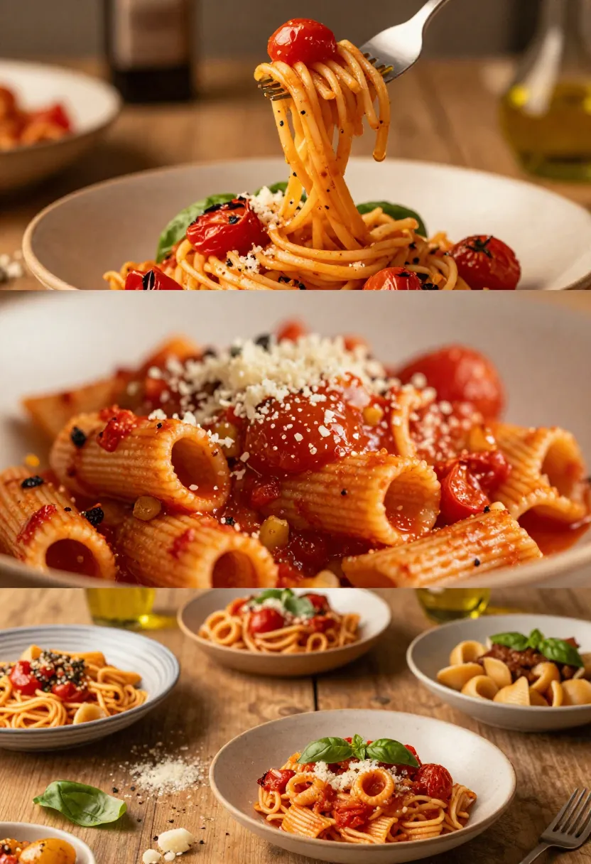 Collage of pasta dishes: spaghetti with cherry tomatoes and cheese, rigatoni with tomato sauce, and several bowls on a wooden table.