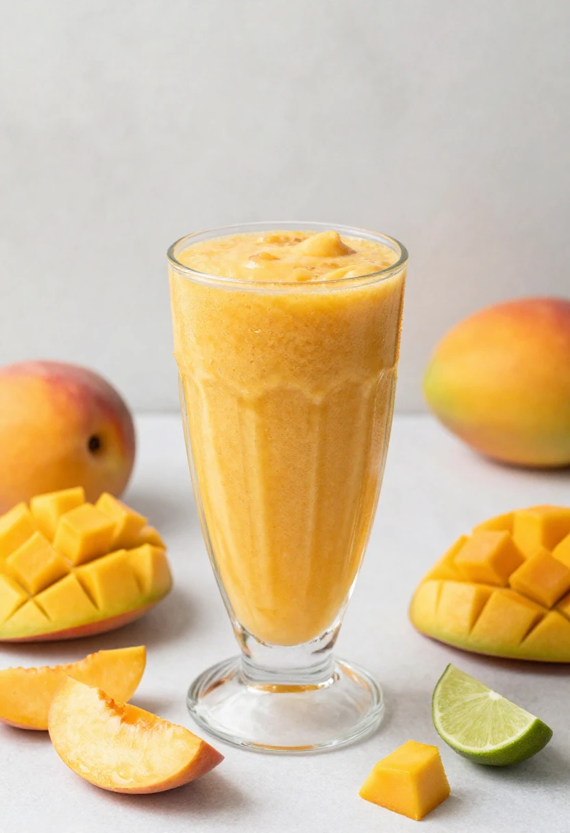 Mango smoothie in a tall glass with diced mango pieces around it and a lime wedge nearby, on a light counter.
