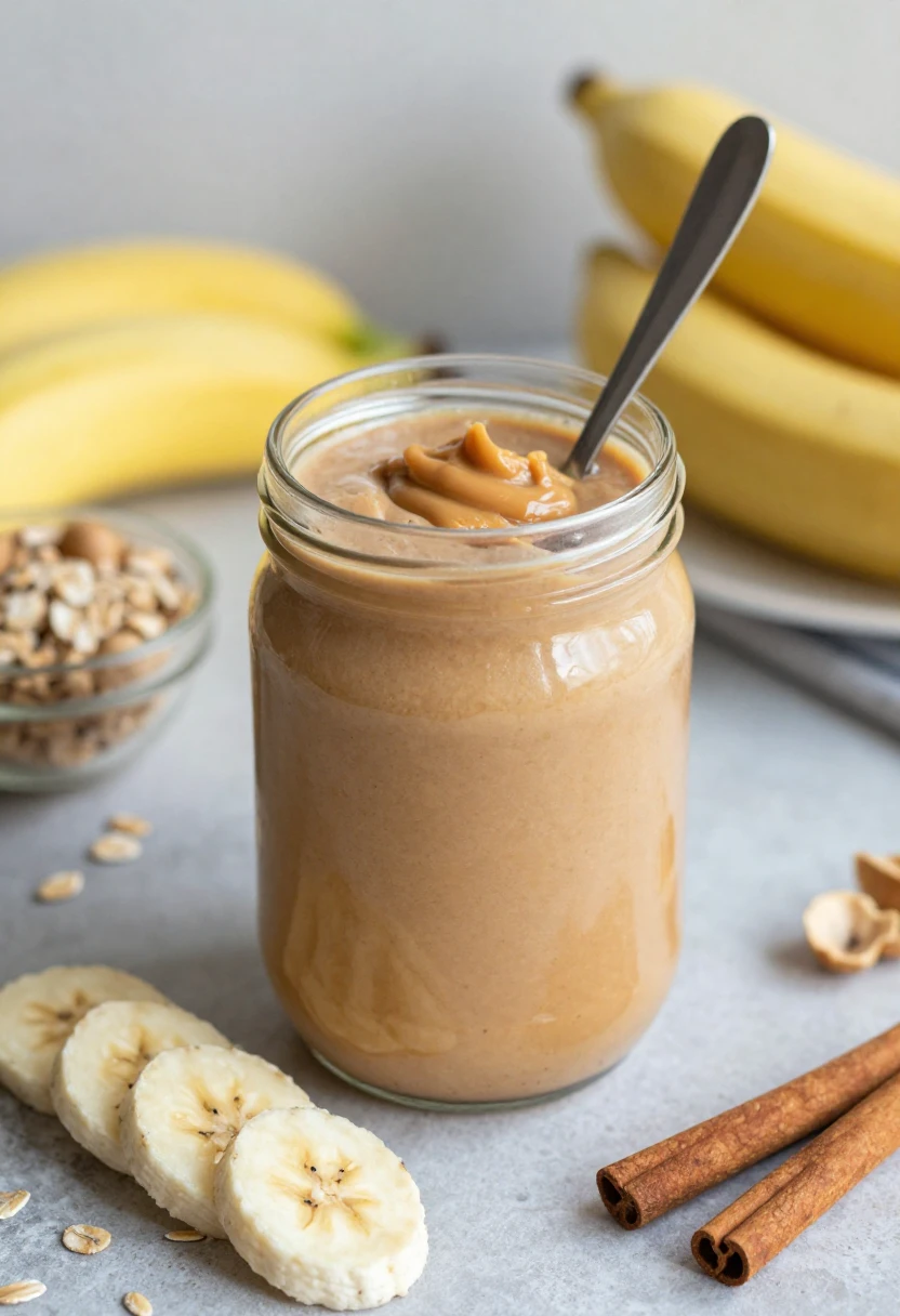 Peanut butter banana smoothie with oats and cinnamon.