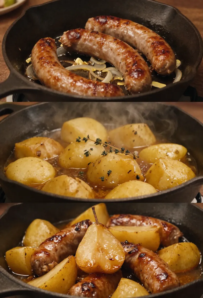 Collage showing sausages browning, potatoes simmering, and pears softening in a rustic braised sausage recipe.
