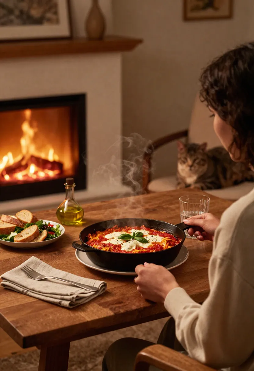 Person at a wooden table holding a skillet of steaming tomato pasta with basil garnish, beside bread and salad near a lit fireplace; a cat sits in the background.