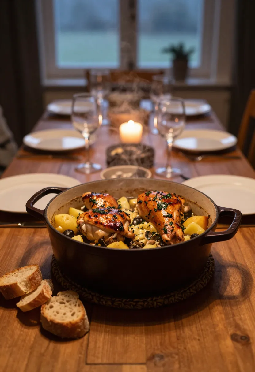 French-style chicken casserole served during a cozy evening dinner