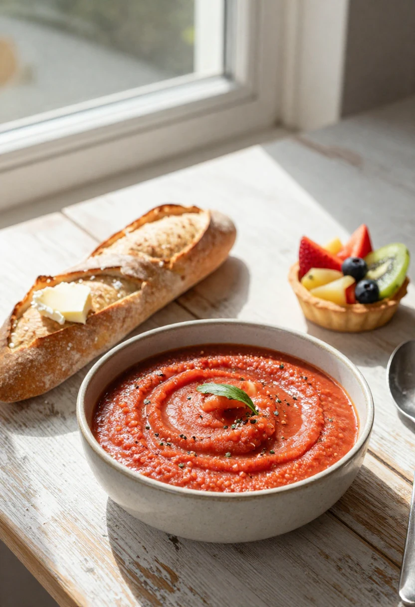 Homemade soup, bread, and dessert showing pleasure as part of healthy eating