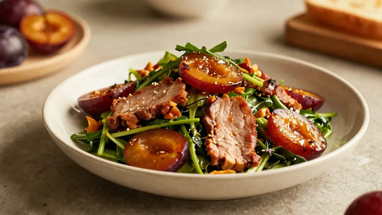 Warm pork and plum salad in soft natural light with a cozy, atmospheric setting