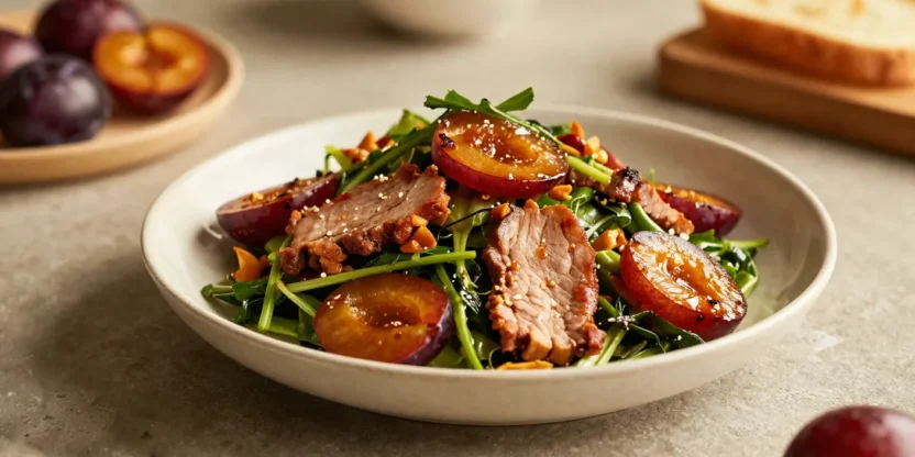 Warm pork and plum salad in soft natural light with a cozy, atmospheric setting