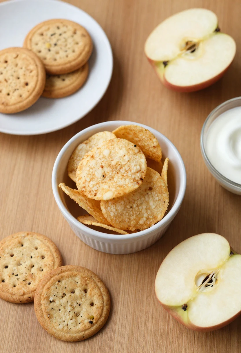 Portioned snacks with chips, cookies, apple slices, and yogurt on a table.