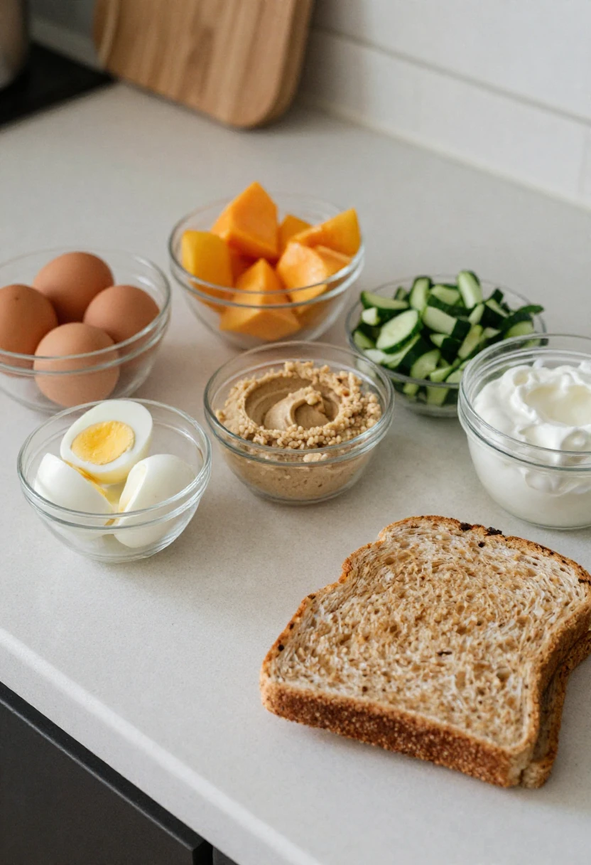Easy healthy foods prepared on a kitchen counter for the week.