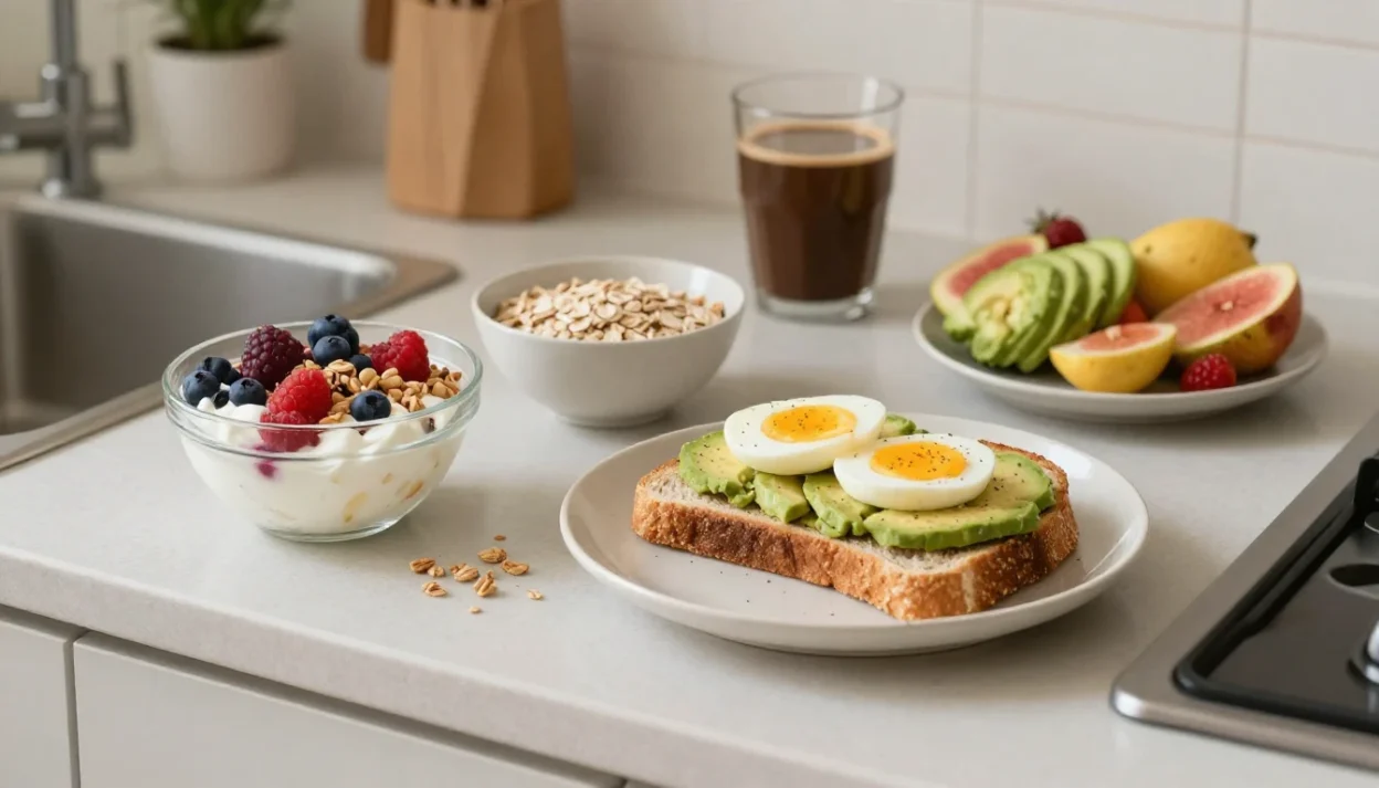 Quick healthy breakfast spread with yogurt, oats, toast, fruit, and coffee.