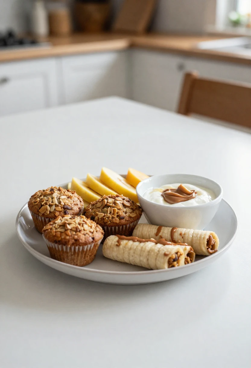 Plate of muffins topped with nuts, apple slices, peanut-butter-filled wafer rolls, and a bowl of yogurt with caramel drizzle on a kitchen counter.