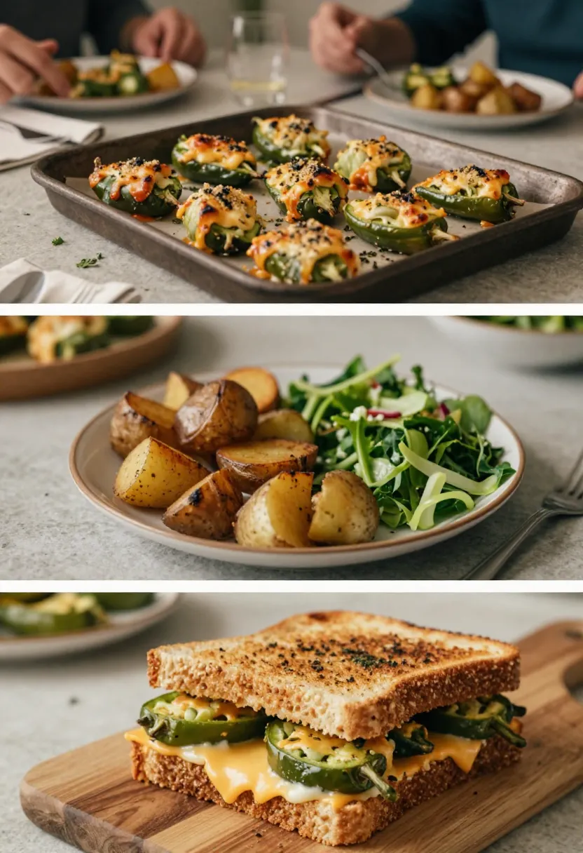 Triptych of dishes: cheese-topped stuffed peppers on a baking sheet, roasted potatoes with greens, and a grilled cheese sandwich with jalapeños on a cutting board.