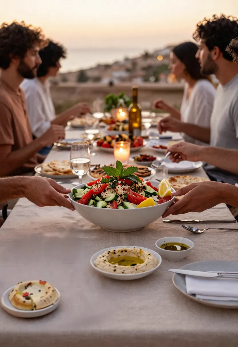 Fattoush salad served family-style during a warm Mediterranean-inspired summer dinner.