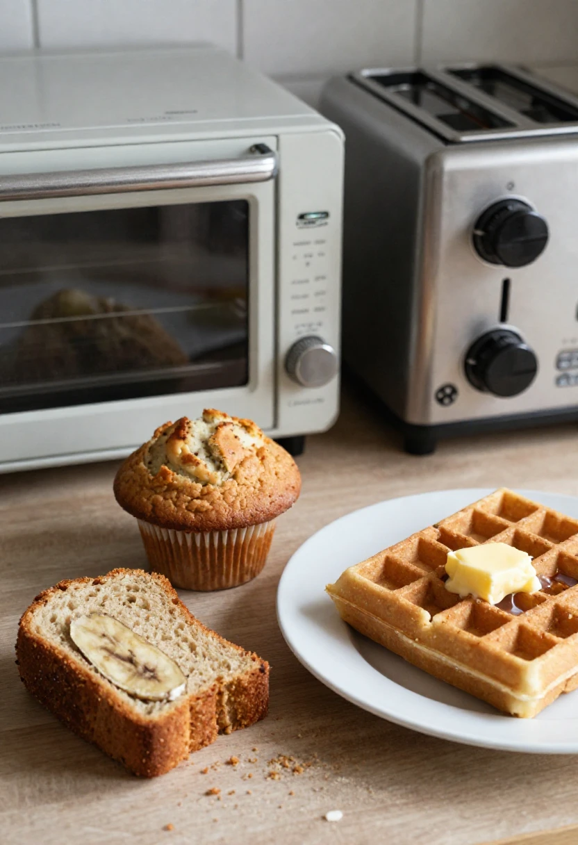 Banana bread slice with a banana inside, plus a muffin and a buttered waffle on a plate beside two toaster ovens on a kitchen counter.