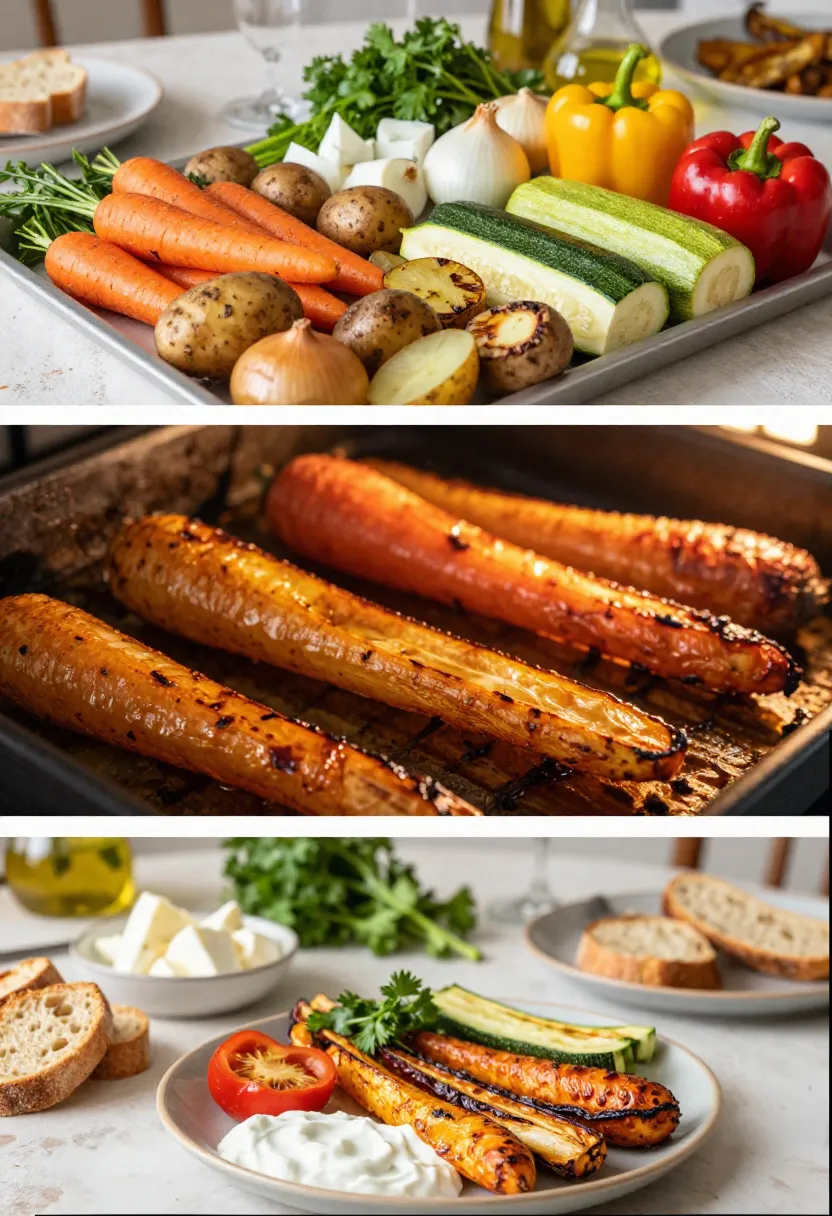 Editorial collage showing roasted vegetables transforming into a colorful and comforting dinner.