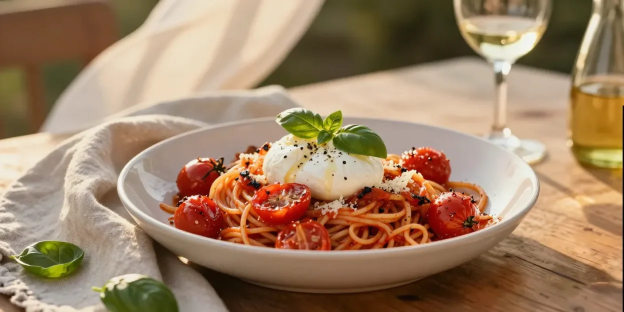 Roasted cherry tomato pasta with basil and burrata on a sunlit outdoor table.
