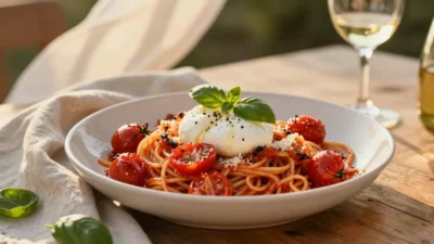 Roasted cherry tomato pasta with basil and burrata on a sunlit outdoor table.