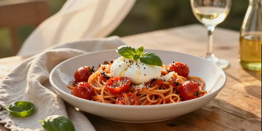 Roasted cherry tomato pasta with basil and burrata on a sunlit outdoor table.