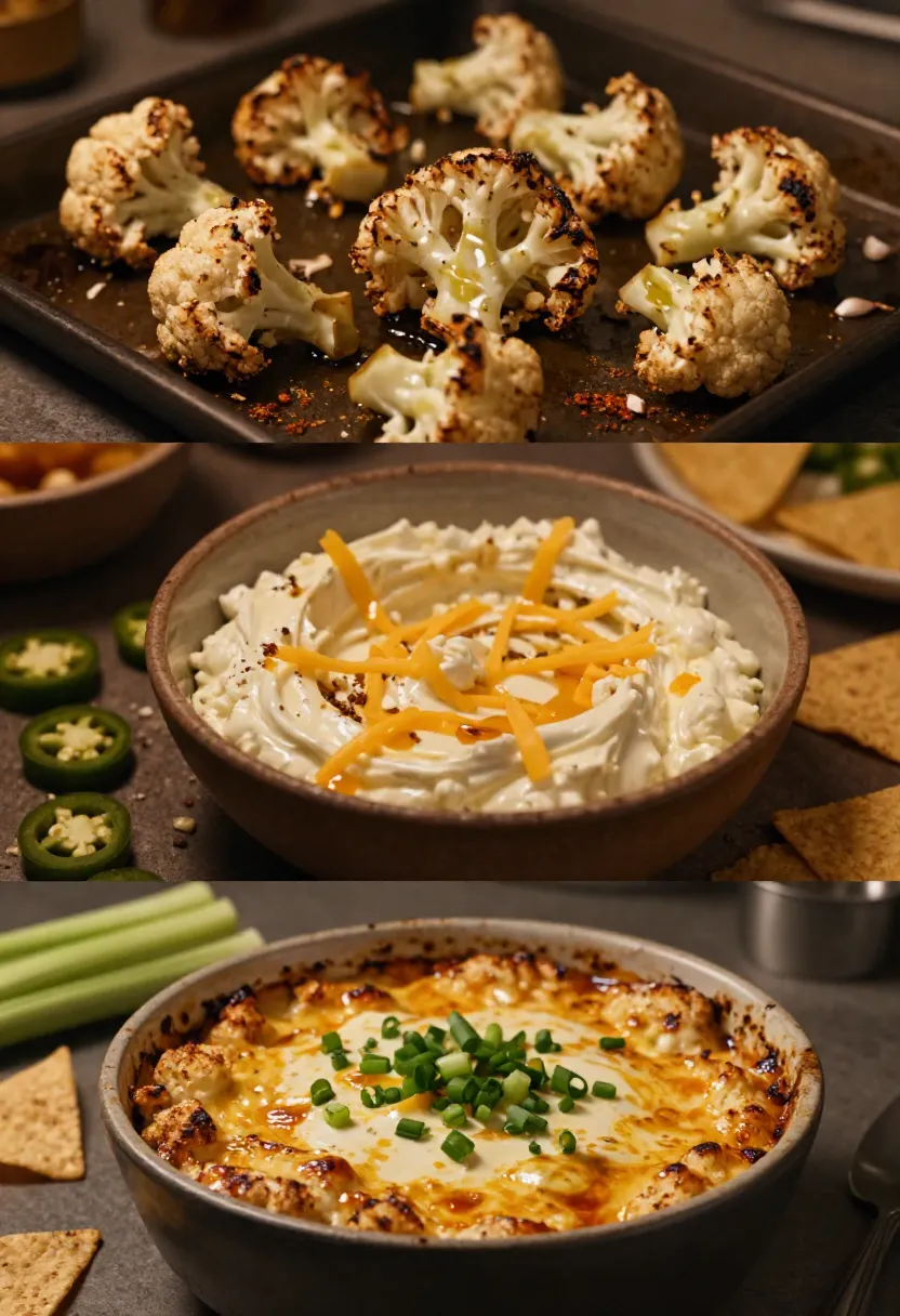 Collage of roasted cauliflower and creamy buffalo cauliflower dip preparation.