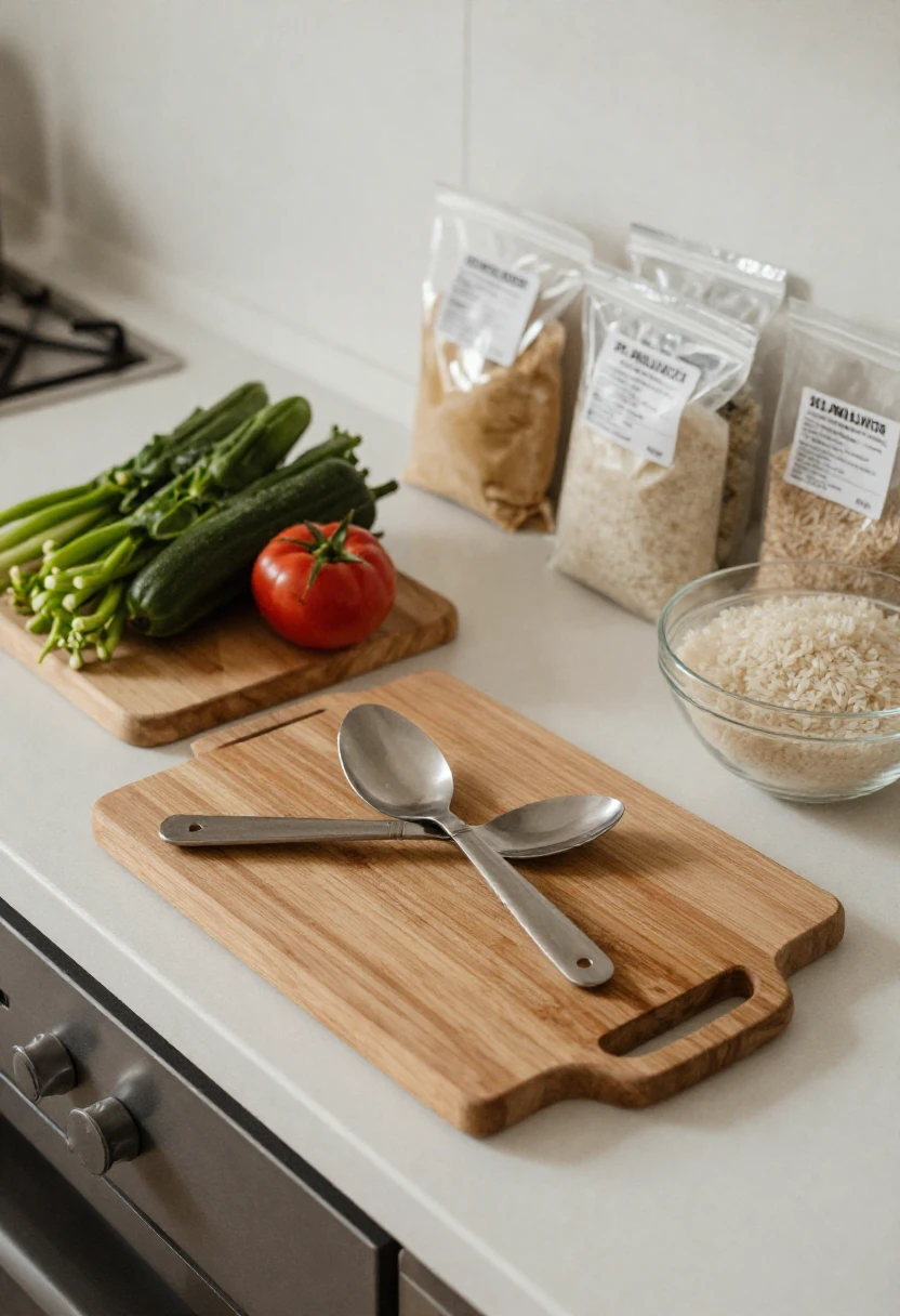 Cutting board with two crossed spoons on a gray kitchen counter; behind are fresh veggies and bags of grains.
