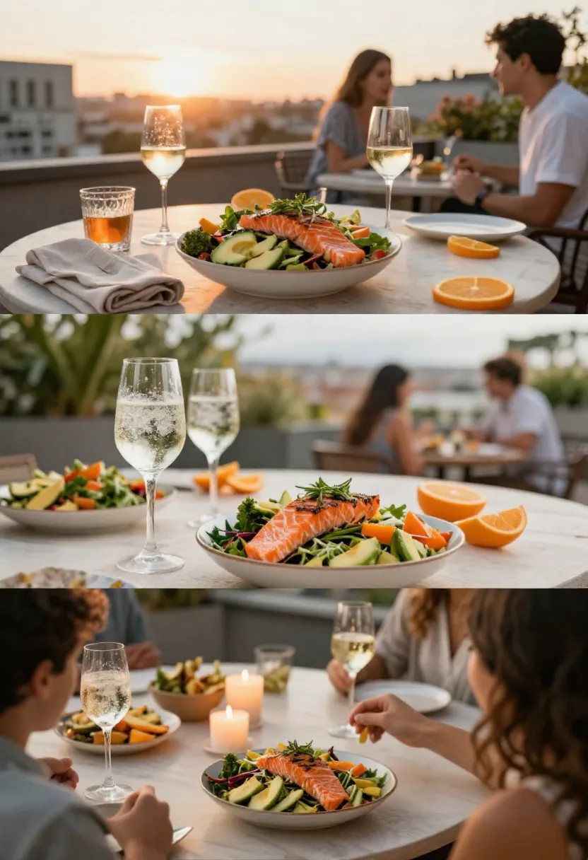 Collage showing orange salmon salad served at outdoor dinners and relaxed gatherings