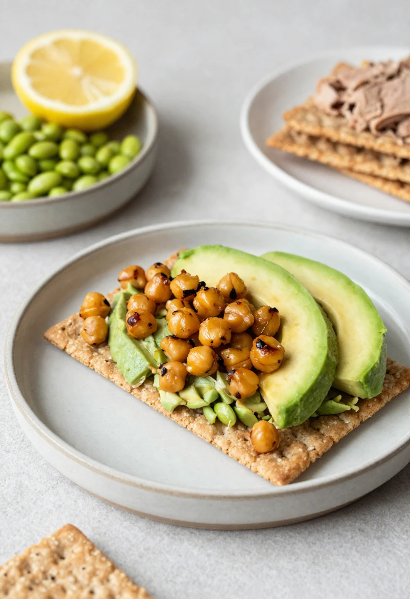 Open-faced crispbread topped with avocado slices, chopped avocado, chickpeas, and edamame on a light plate.